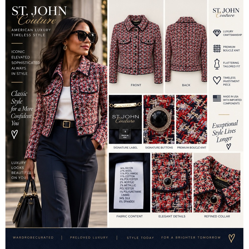St John Couture Jacket 6 Multicolor Boucle Tweed Wool Silk Lined Made USA